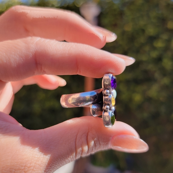 Multi stone Cabochon Bezel Sterling Ring signed - Picture 2 of 5